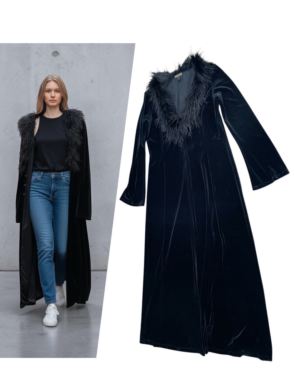 Vintage   Long Velvet Open Black duster With  Feather Trim Wendy darkness goth